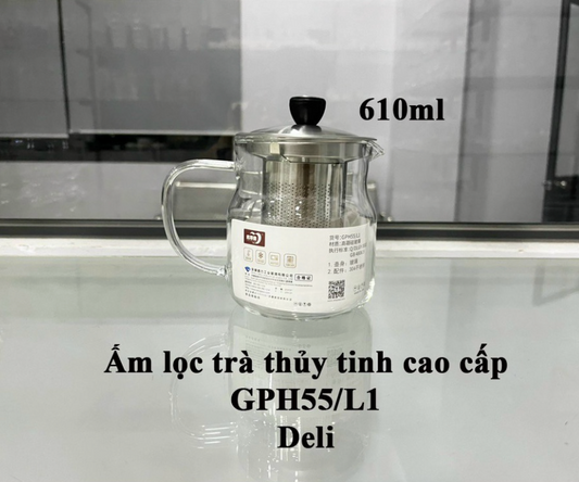 Ấm pha trà thủy tinh cao cấp chịu nhiệt Deli 610ml có lõi lọc trà inox -GHP55/L1