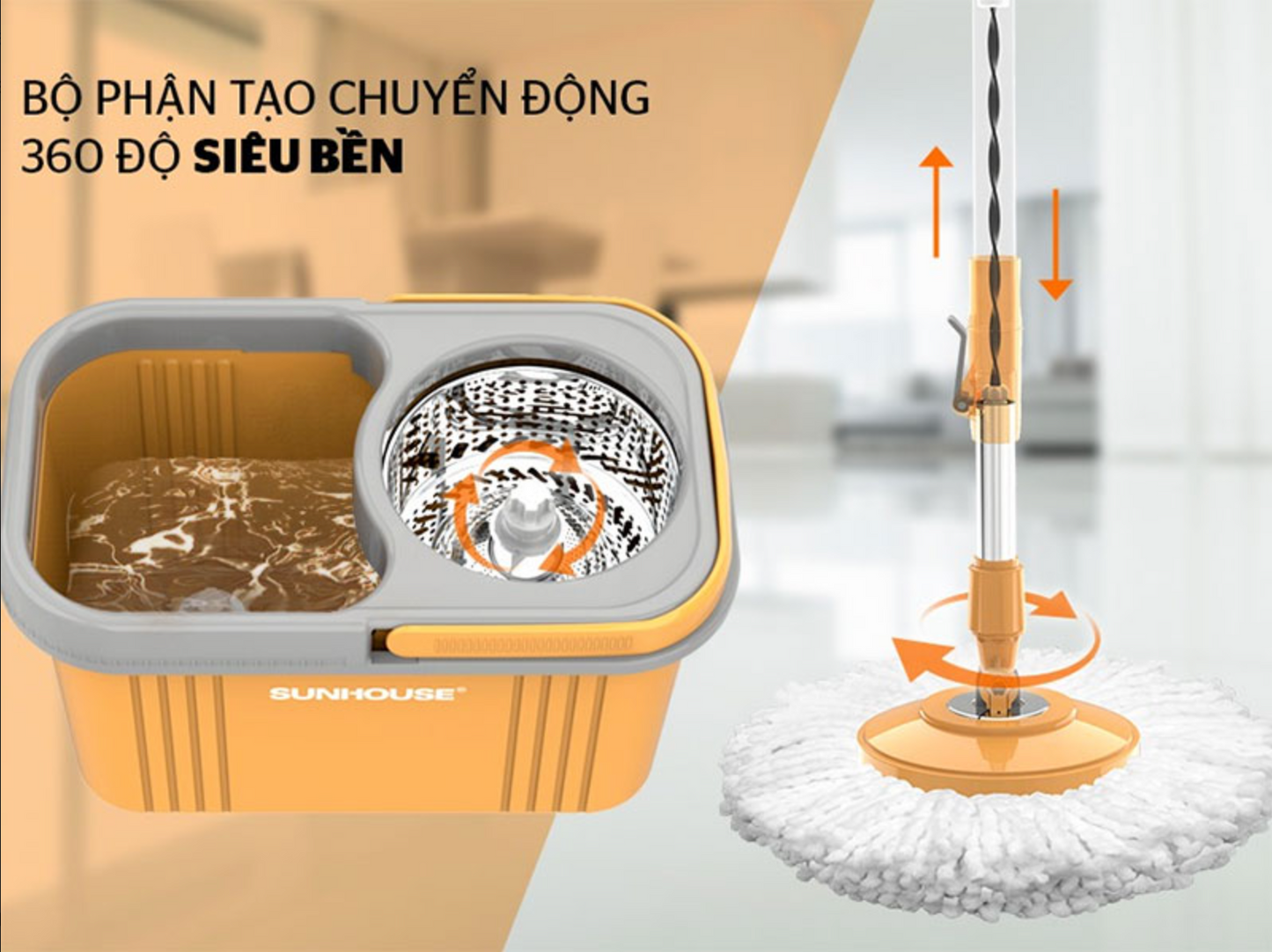 Bộ cây lau nhà xoay 360 độ inox SUNHOUSE KS-CL350PO