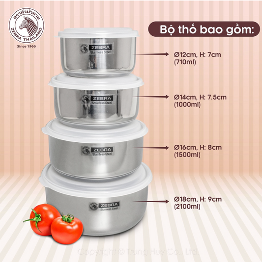 Bộ 4 Thố Inox 304 Có Nắp Zebra Thái Lan - 184106