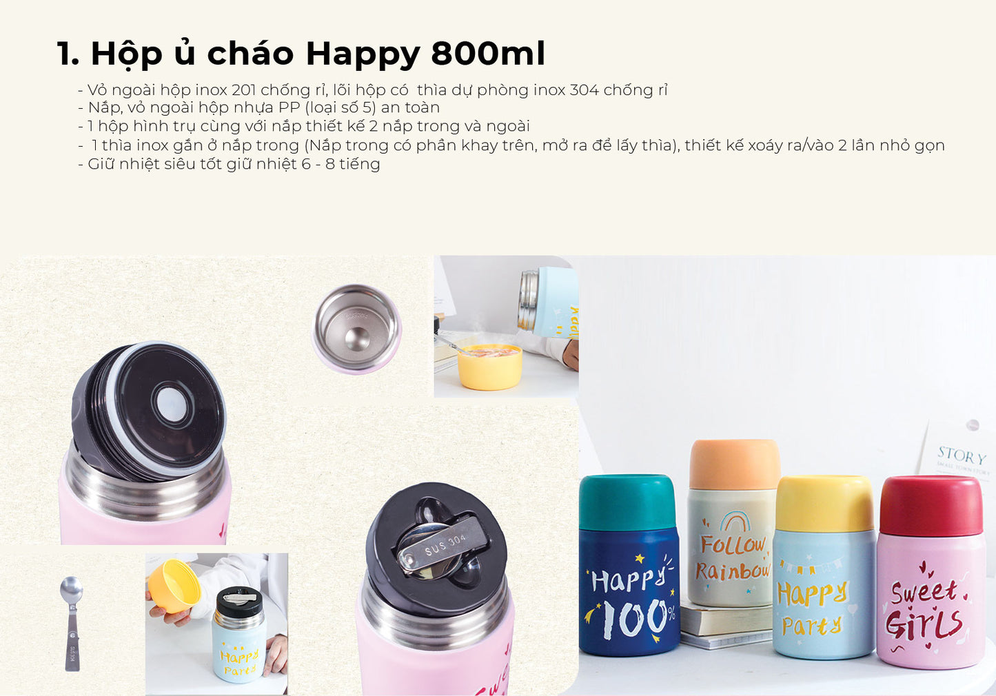 Hộp Ủ Cháo Giữ Nhiệt Happy 800ml- HC-GN00522