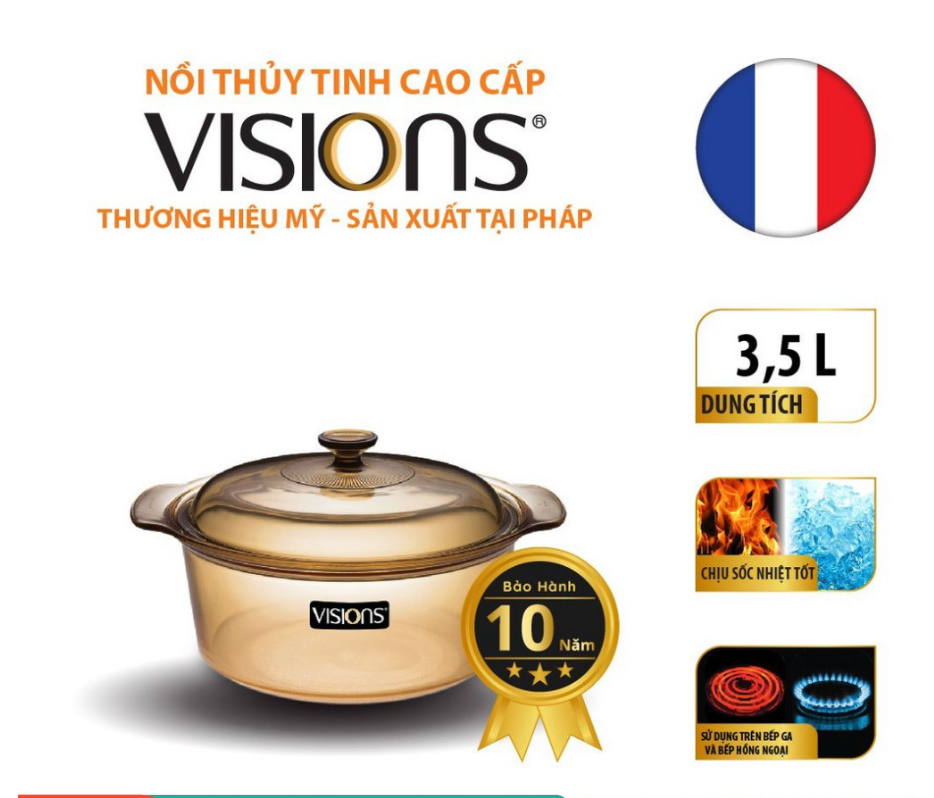 Nồi thuỷ tinh Visions 3.5L (loại thấp) VSD-3.5/CL1 , Bảo Hành 10 năm ,Xuất xứ từ Pháp - Hàng chính hãng