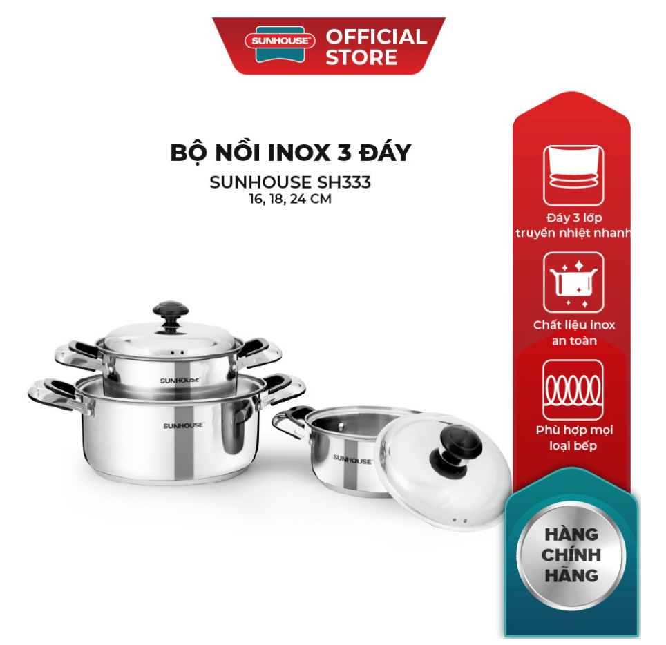 Bộ 3 nồi Inox 3 đáy Sunhouse chất liệu thép không gỉ kích thước 16-18-24cm sử dụng được bếp từ-SH333