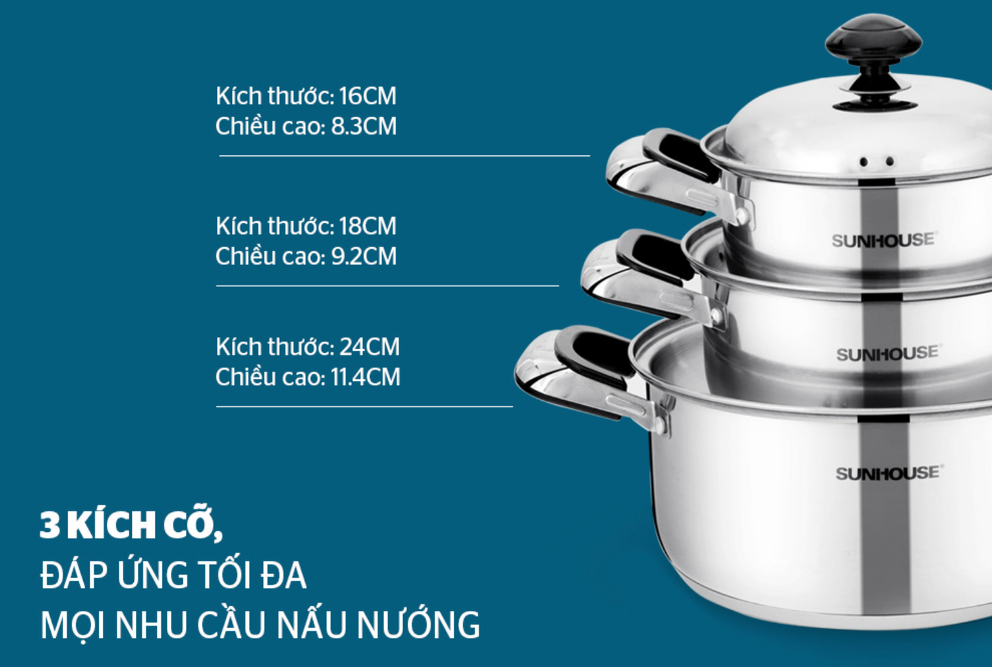 Bộ 3 nồi Inox 3 đáy Sunhouse chất liệu thép không gỉ kích thước 16-18-24cm sử dụng được bếp từ-SH333